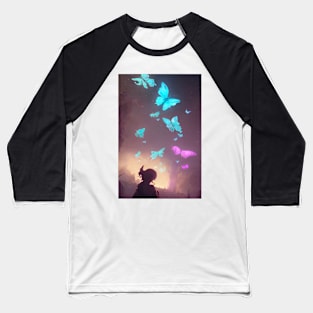 Cute Anime Girl Butterflies Lights Forest Landscape Baseball T-Shirt